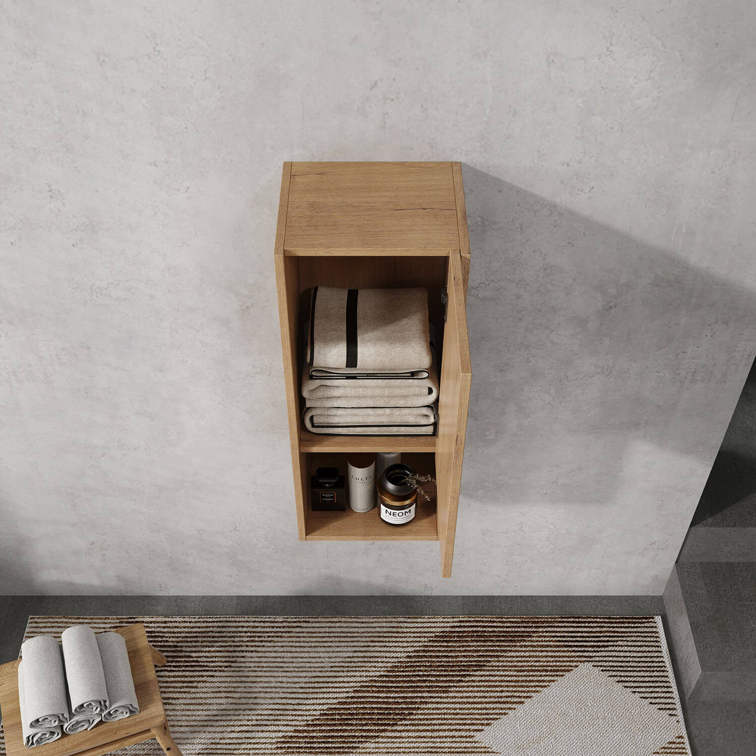 12 inch White Oak Bathroom Wall Cabinet with Soft-Closing Door and Open Shelf