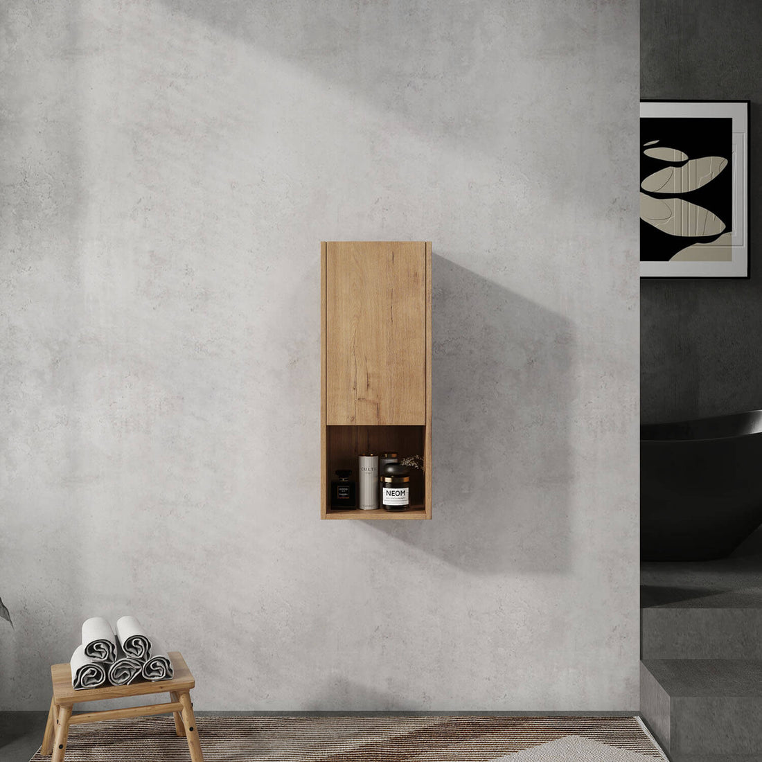 12 inch White Oak Bathroom Wall Cabinet with Soft Close Door and Open Shelf