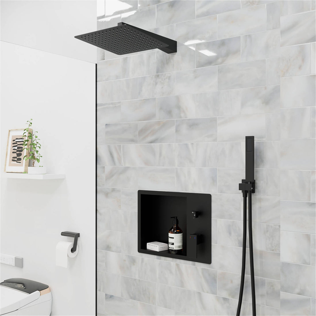 12" Rain Head Shower System with Shower Niche and Handheld, Wall Mount