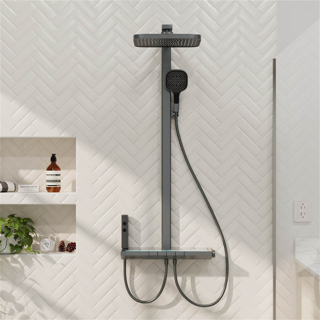 12" Thermostatic Shower System with Piano Key Digital Display Ambient Lights, Tub Spout, Hand Shower, Bidet Sprayer