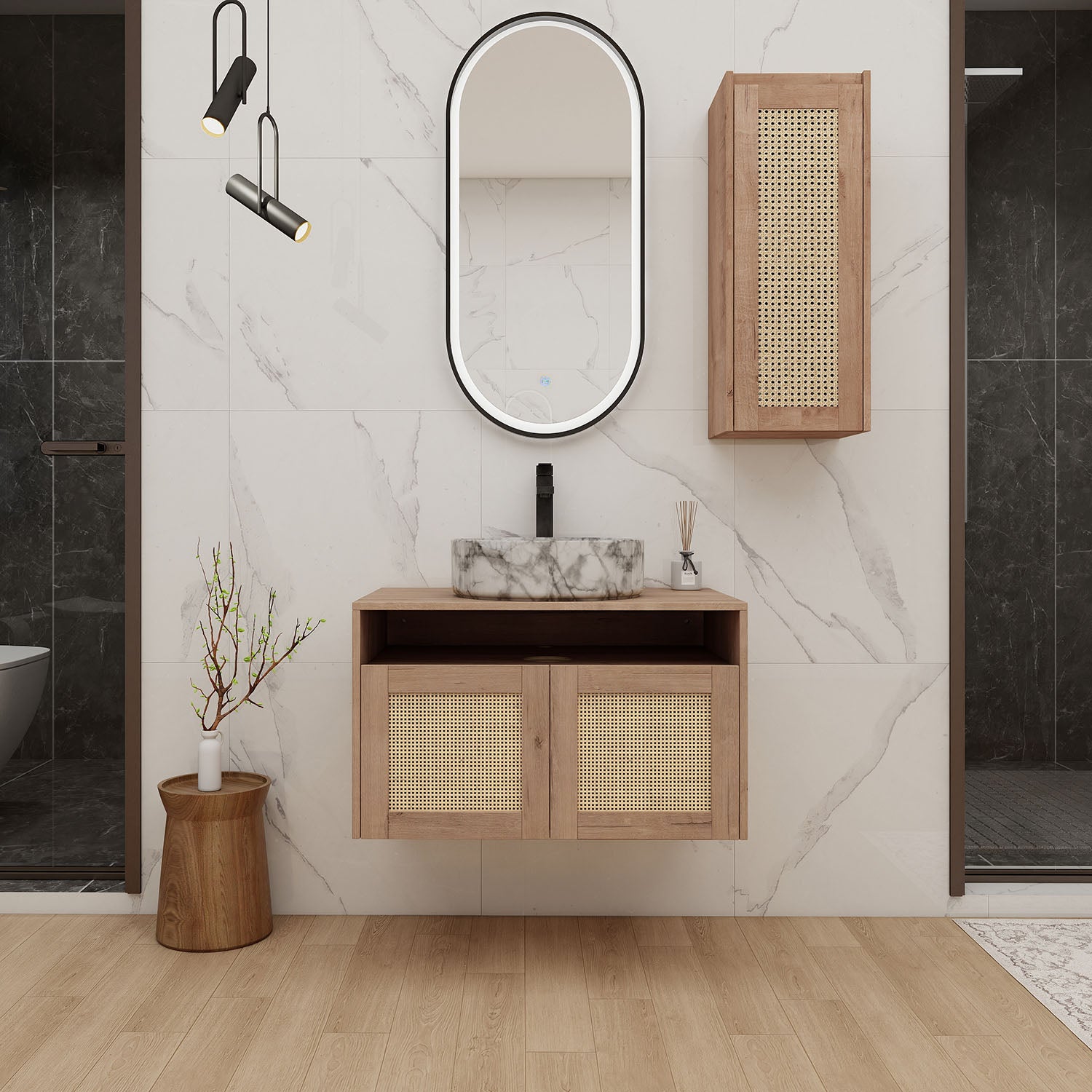 30 inch White Oak Floating Vanity with Marble-Veined Ceramic Sink and 12 inch Wall-Mounted Cabinet