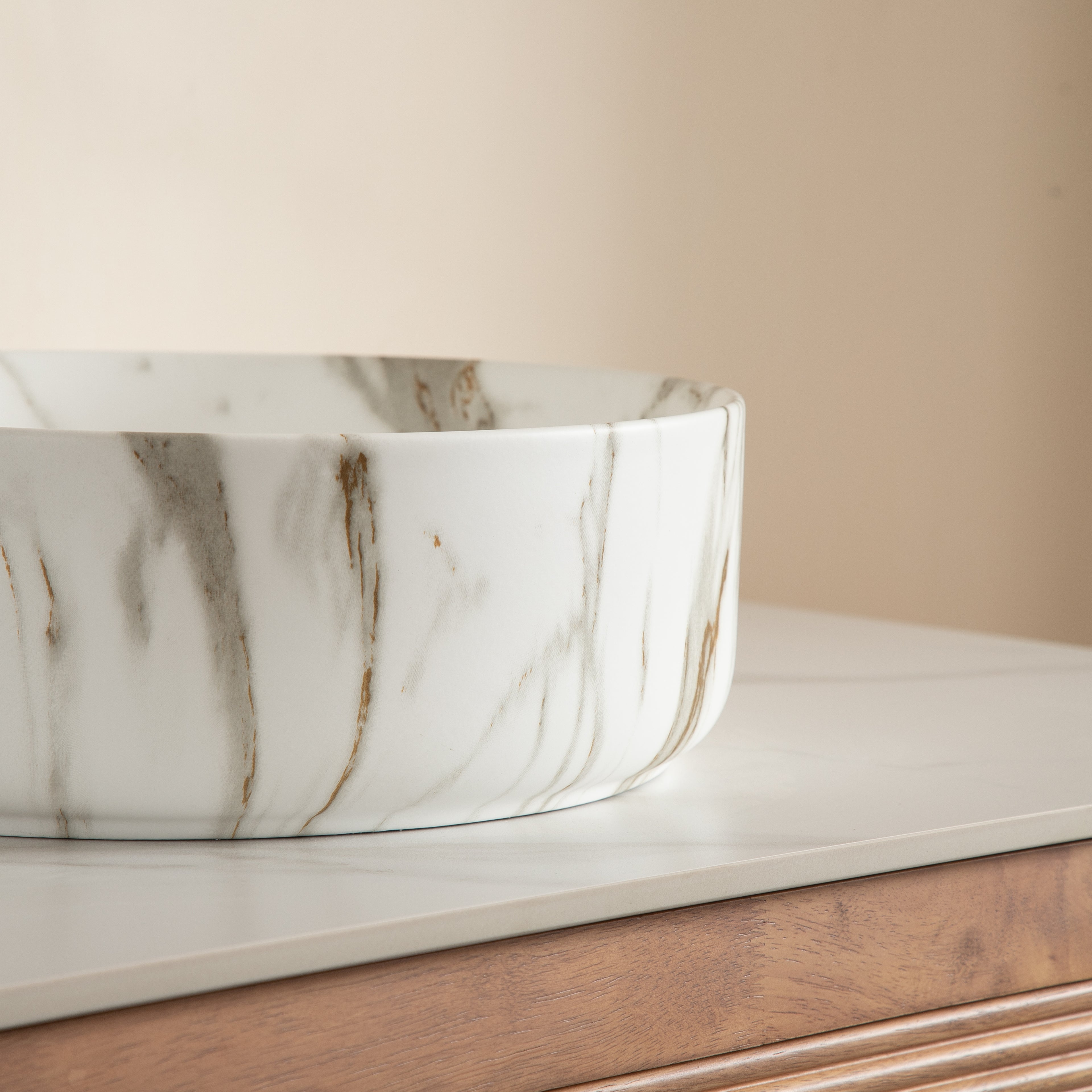 White Ceramic Round Above-Counter Vessel Sink with Stone Pattern side view stone-patterned exterior