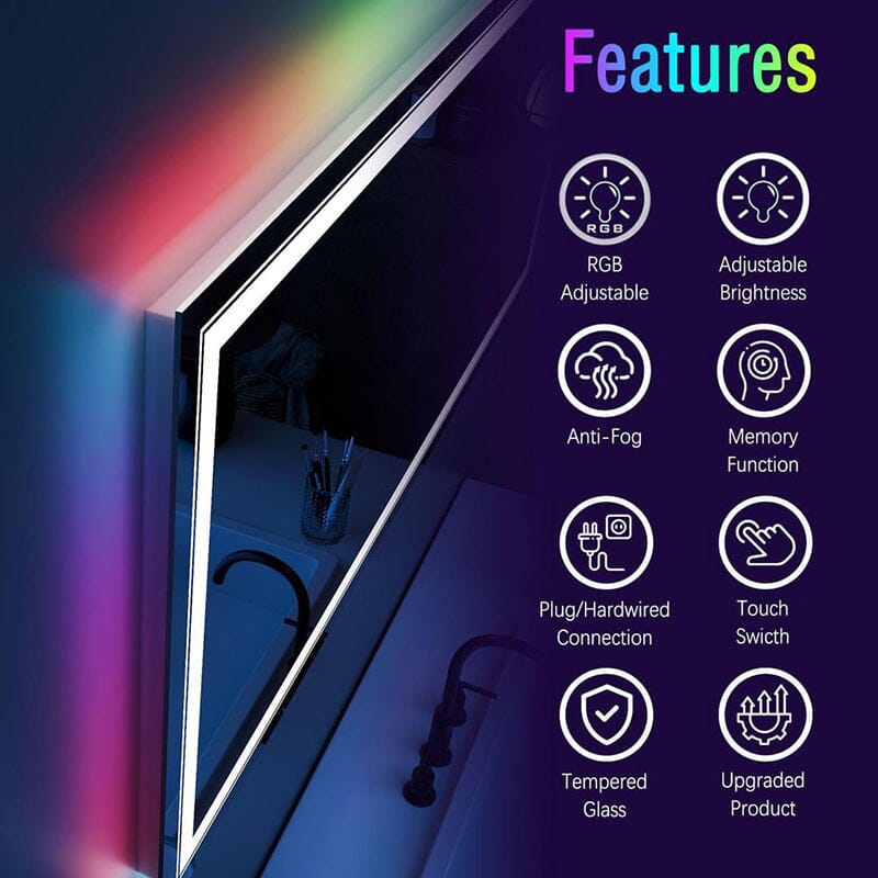 RGB LED Light Bathroom Vanity Mirror Small Rectangular Frameless Anti Fog