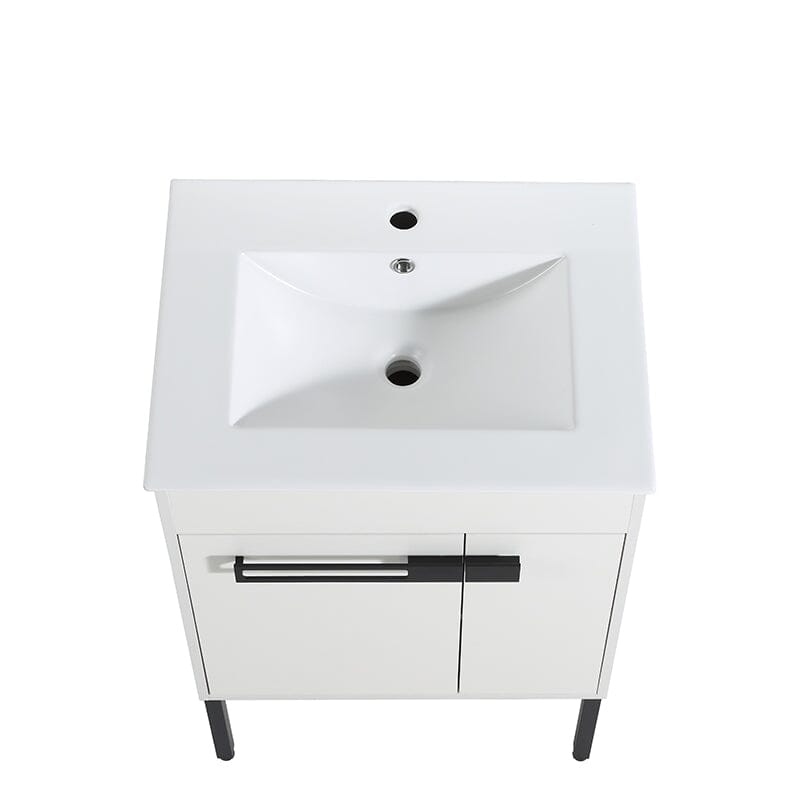 White freestanding plywood bathroom vanity with ceramic sink