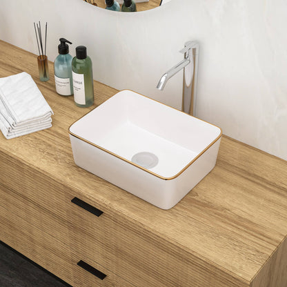 16 in x 12 in White Ceramic Bathroom Sink with Gold Trim