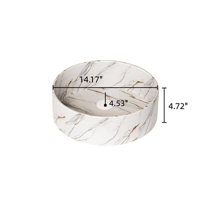 Round Glossy White Ceramic Above-Counter Vessel Sink with Stone Pattern Dimensions