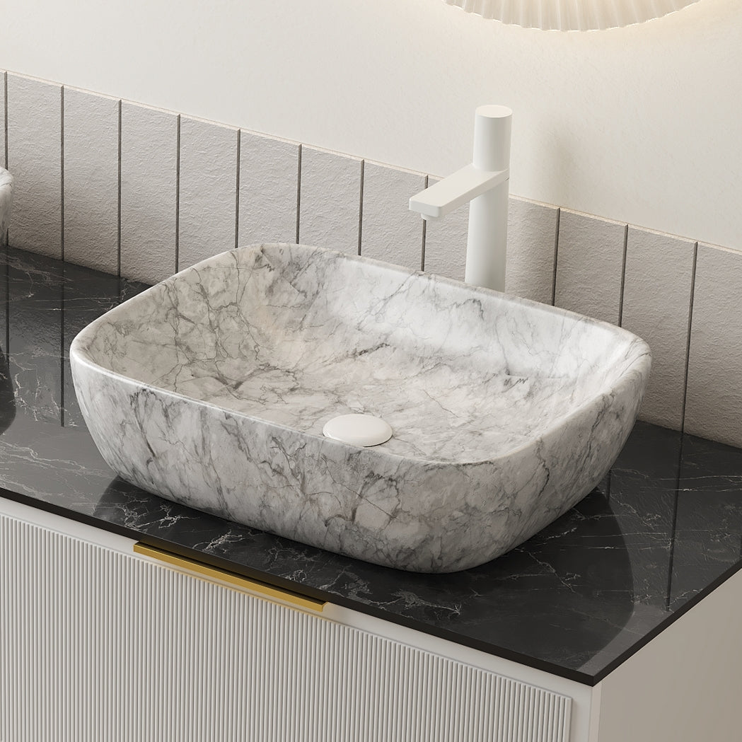 19"x15" White Ceramic Rectangular Bathroom Sink with Marble Pattern