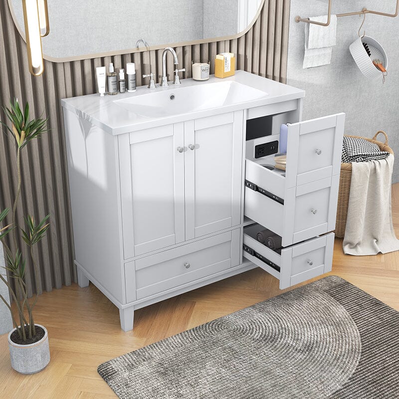 36-Inch Freestanding Drawer Bathroom Vanity with USB Charging and Single Sink