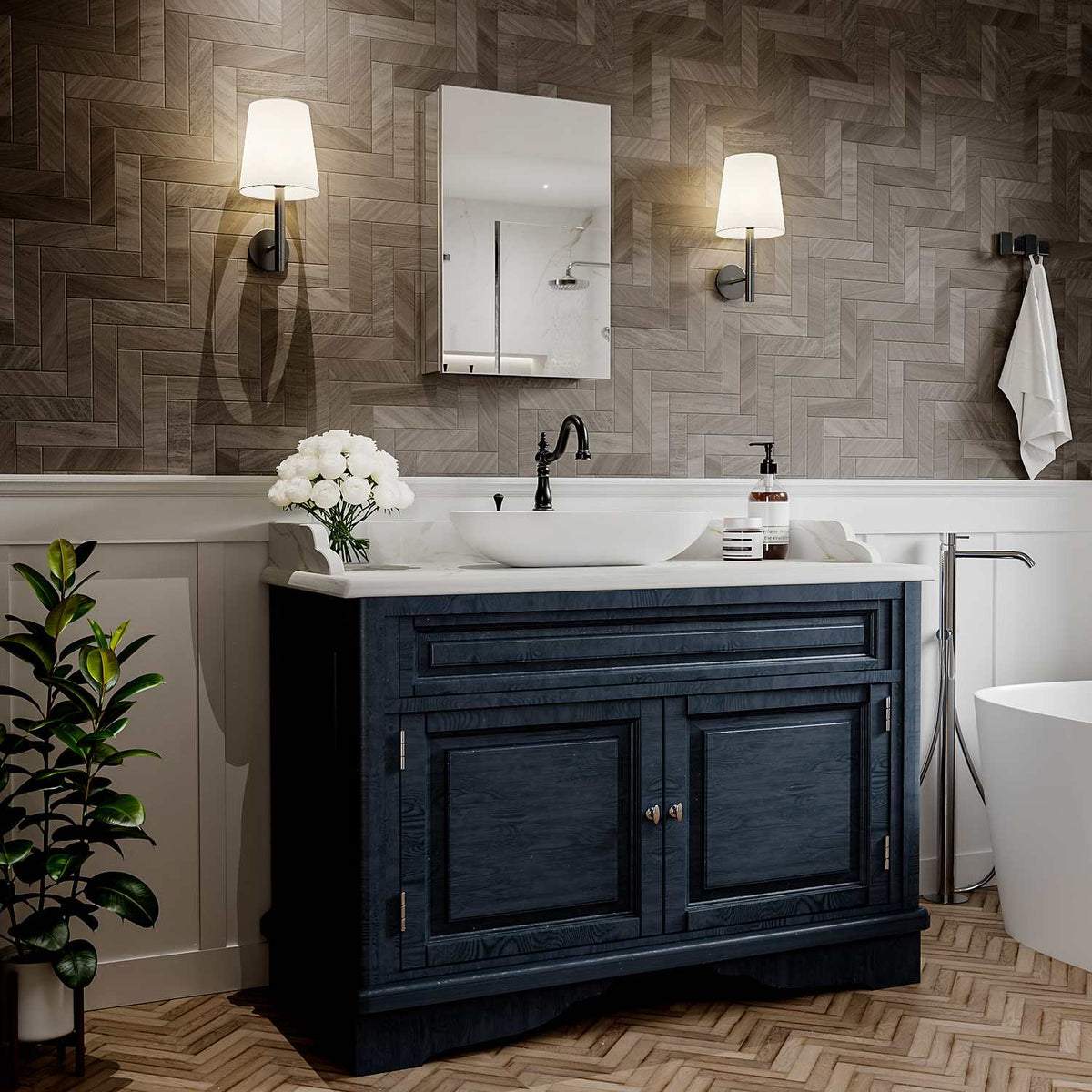 16 x 24-inch mirrored medicine cabinet above a blue bathroom vanity.