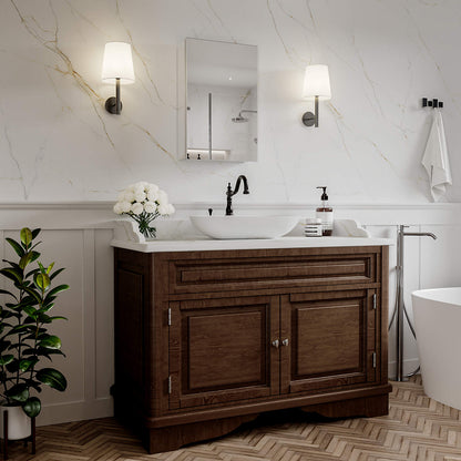 16 x 24-inch mirrored medicine cabinet above a brown bathroom vanity.