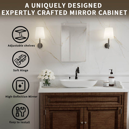 16 x 24-inch mirror cabinet highlighting adjustable shelves and soft-close hinges.