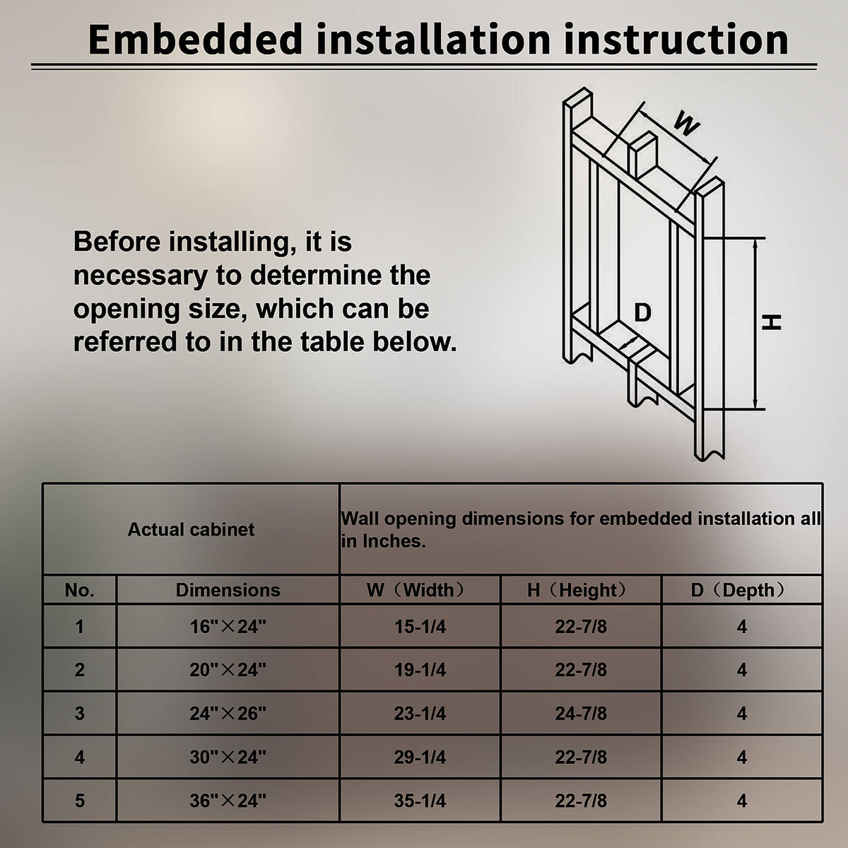 Recessed medicine cabinet installation guide and opening sizes.