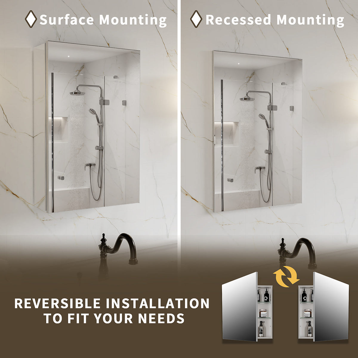 16 x 24-inch medicine cabinet showing surface and recessed mounting options.