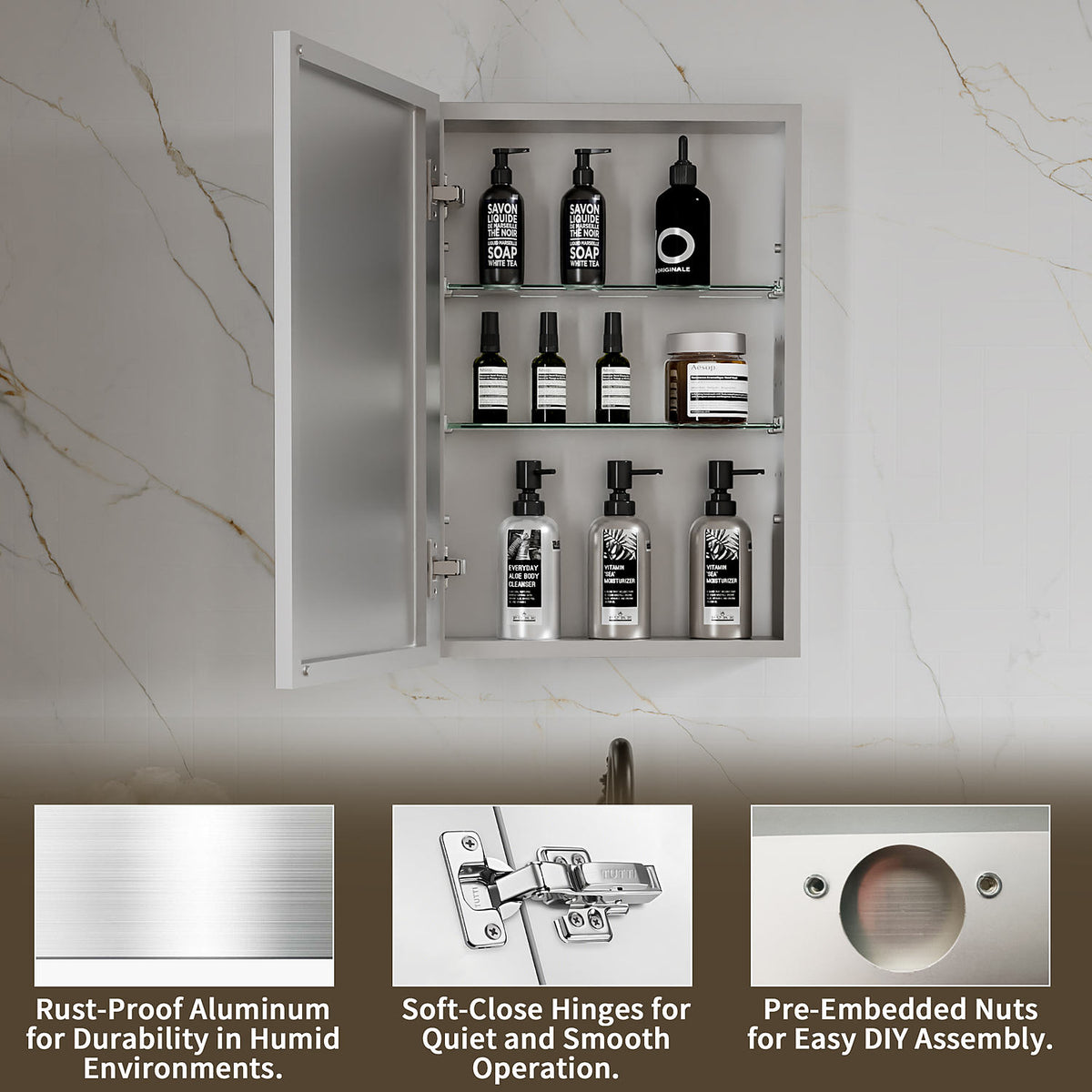 16 x 24-inch medicine cabinet with open doors, shelves and toiletries.