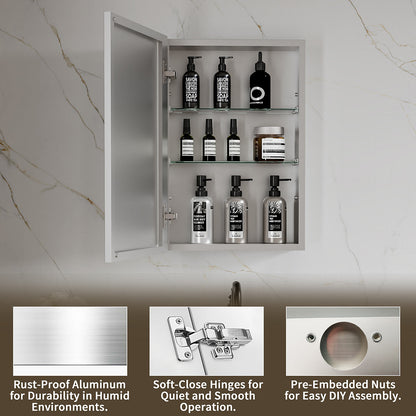 16 x 24-inch medicine cabinet with open doors, shelves and toiletries.