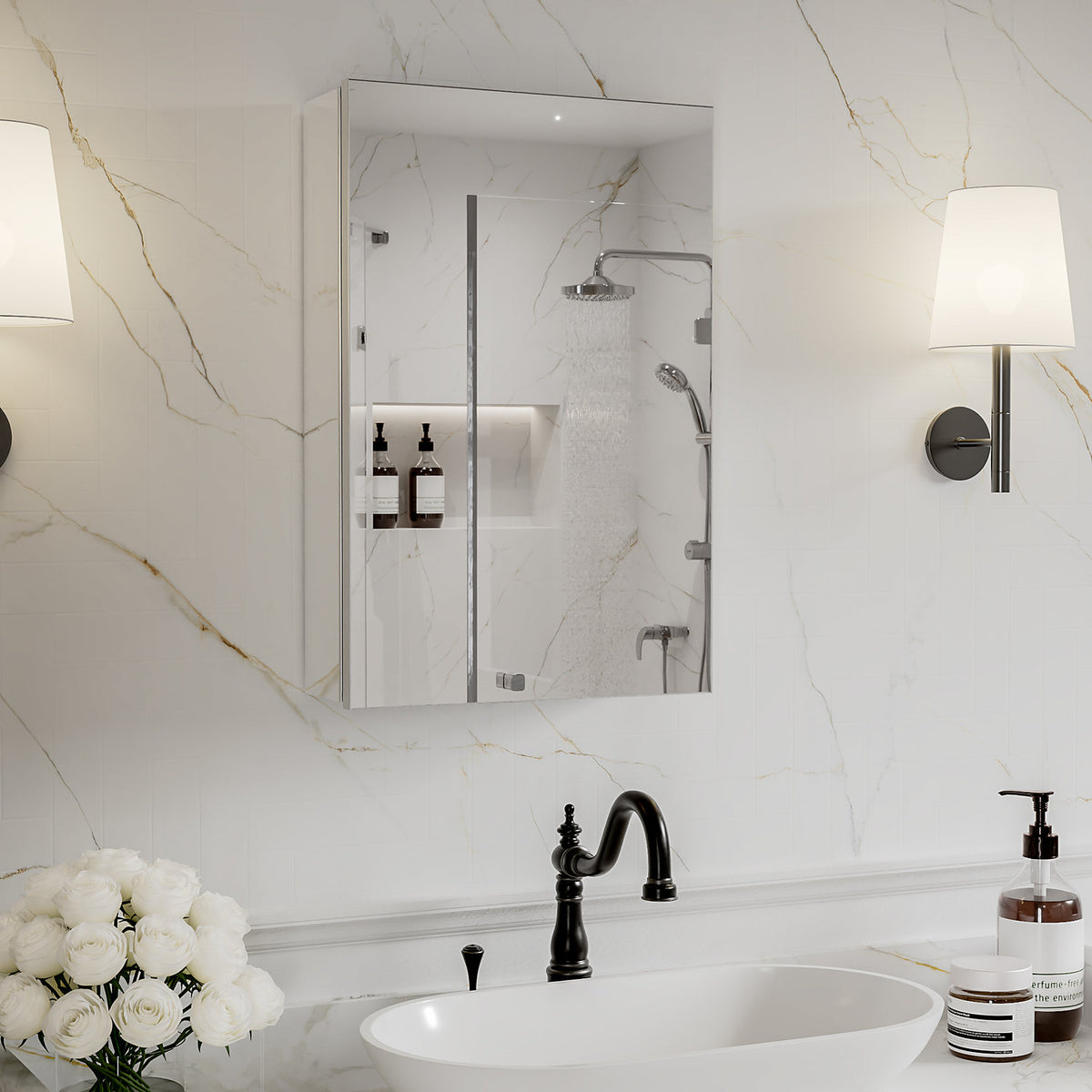 16 x 24-inch mirrored medicine cabinet above a sink on a white marble wall.