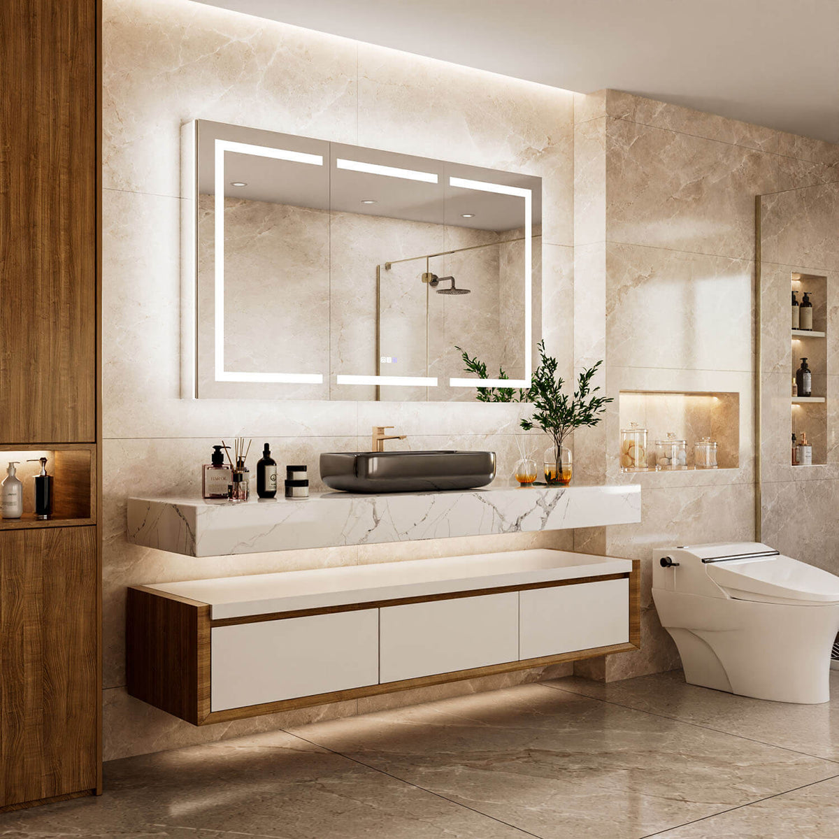 60" x 36" Wide Triple Door Medicine Cabinet with Mirror, Smart LED Lighting, Anti-Fog, Outlets &amp; USB