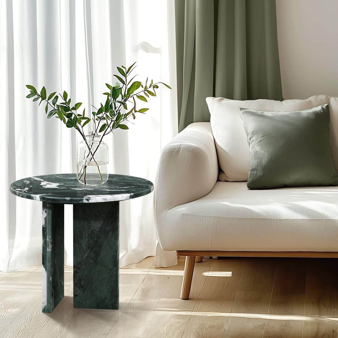18" Modern Round Green Natural Marble Side Table for Bathroom and Livingroom