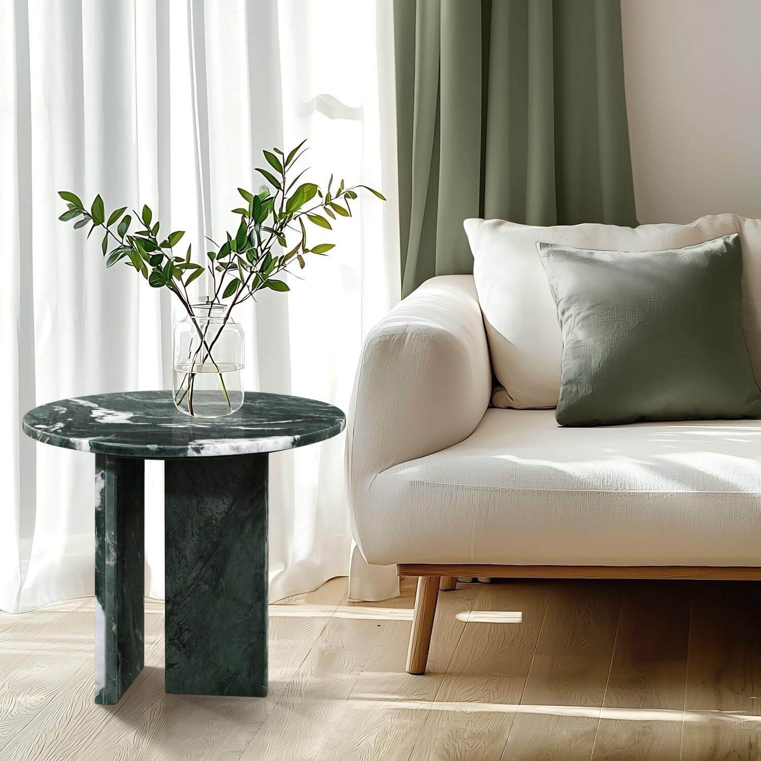 18" Modern Round Green Natural Marble Side Table for Bathroom and Livingroom