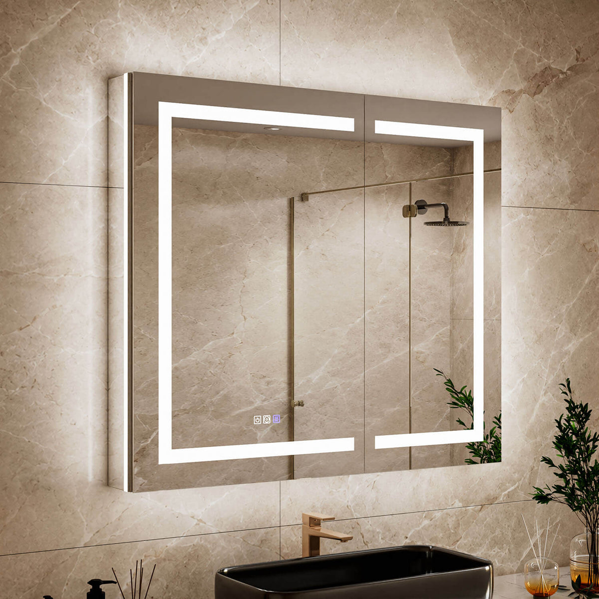74x71cm Grüner Medizinschrank mit offenem Regal und Spiegeltüren