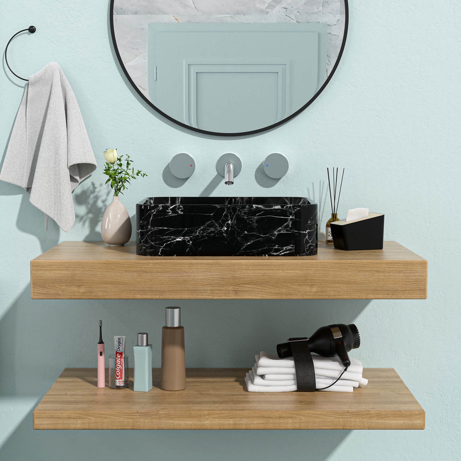 19x15 inch ceramic bathroom sink with black marble finish