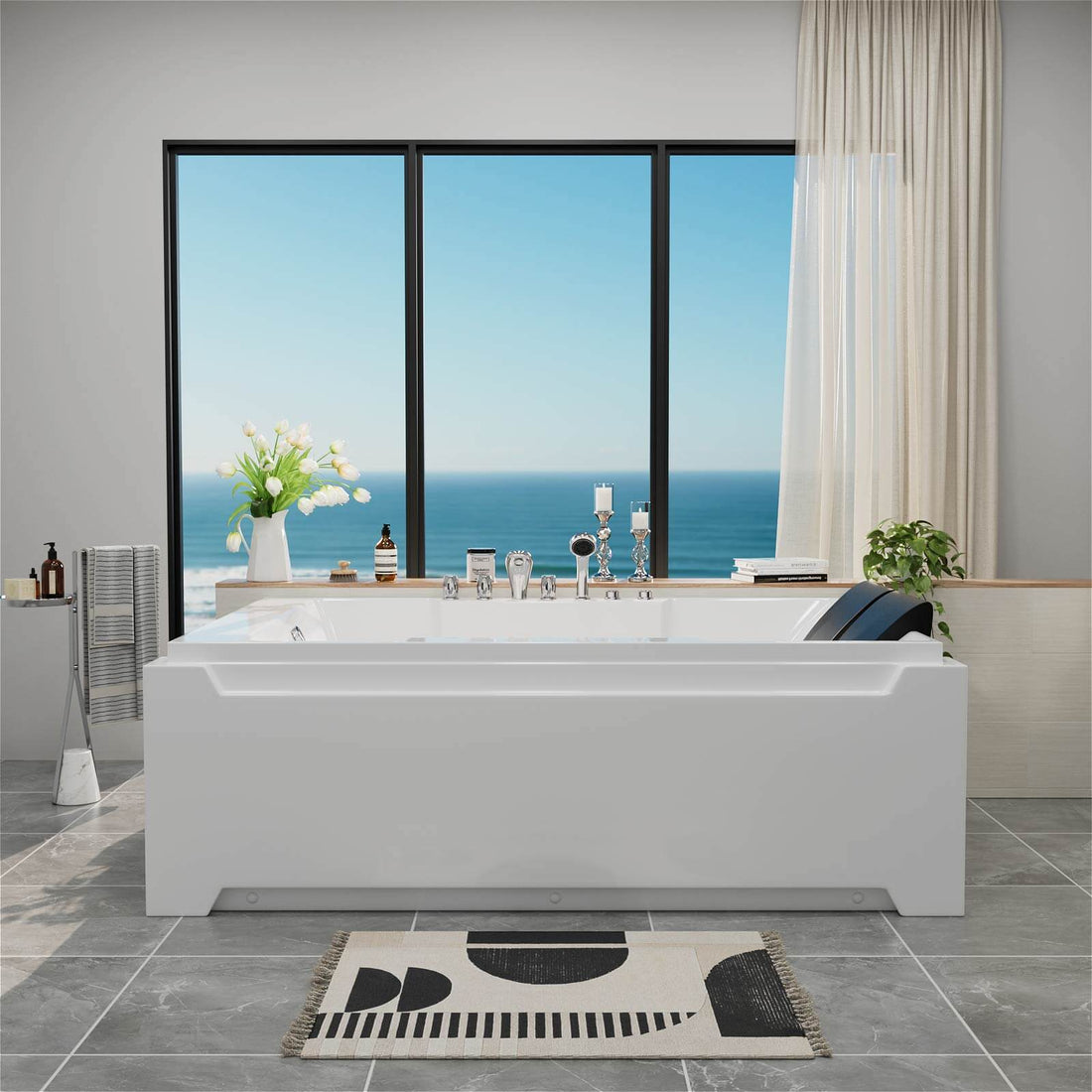 73" 2 Person Whirlpool Tub with 8 Jets, Chromatherapy Lights, Includes Faucet &amp; Bath Pillow