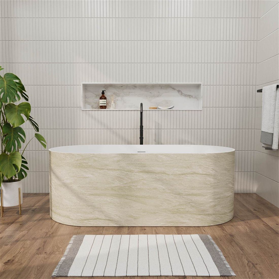 63" Beige Freestanding Solid Surface Bathtub in Stone Resin