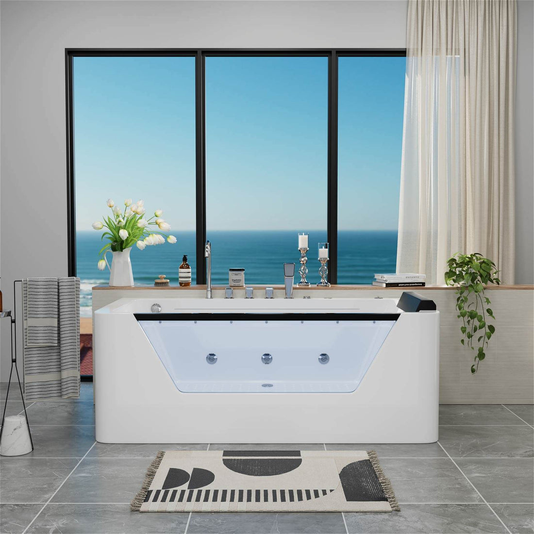 67" Whirlpool Bathtub with 7 Jets, Glass Panel Jetted Tub, Hydro Massage & LED Lights