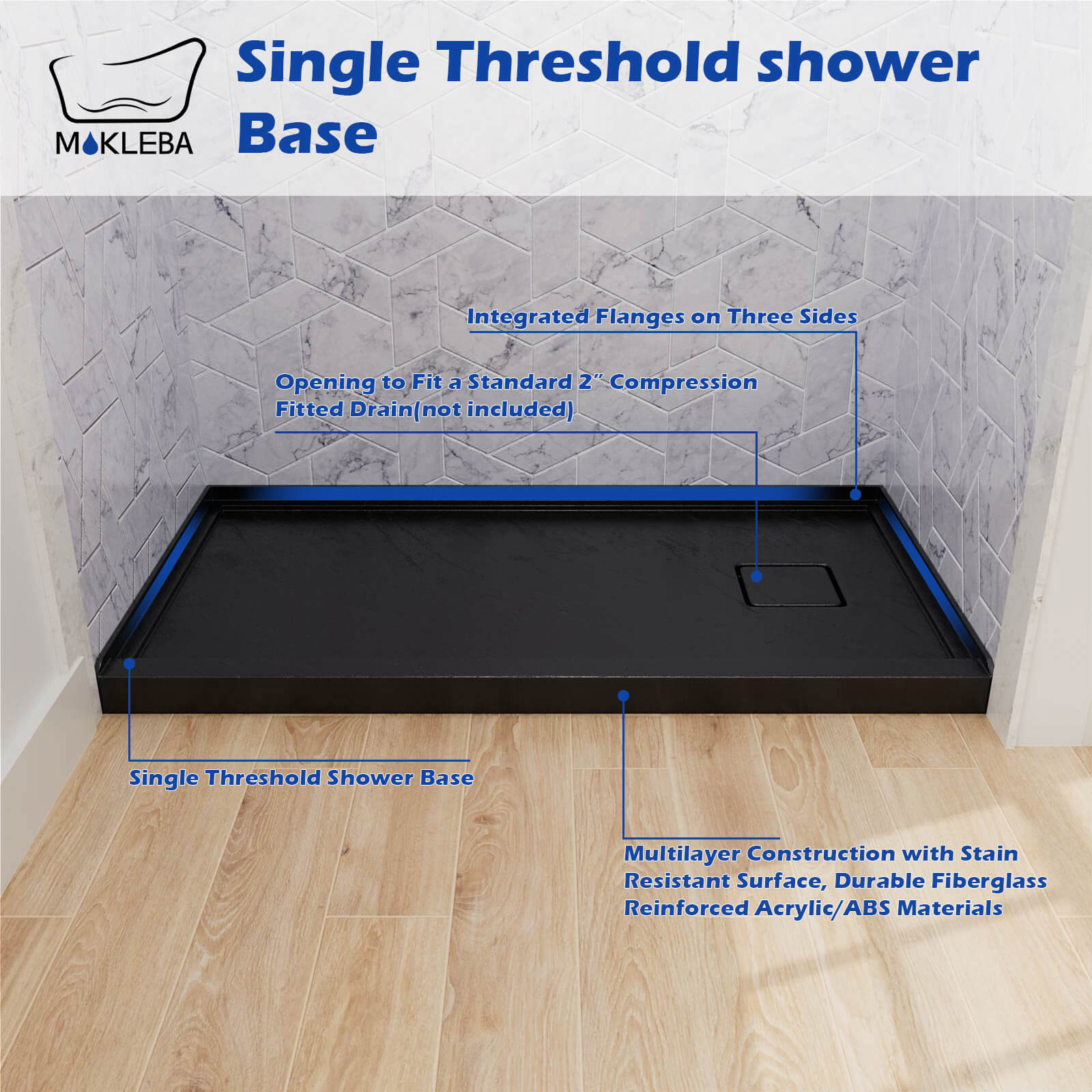Mokleba 60"x 32" Black Right Drain Shower Pan with Anti-Slip Texture
