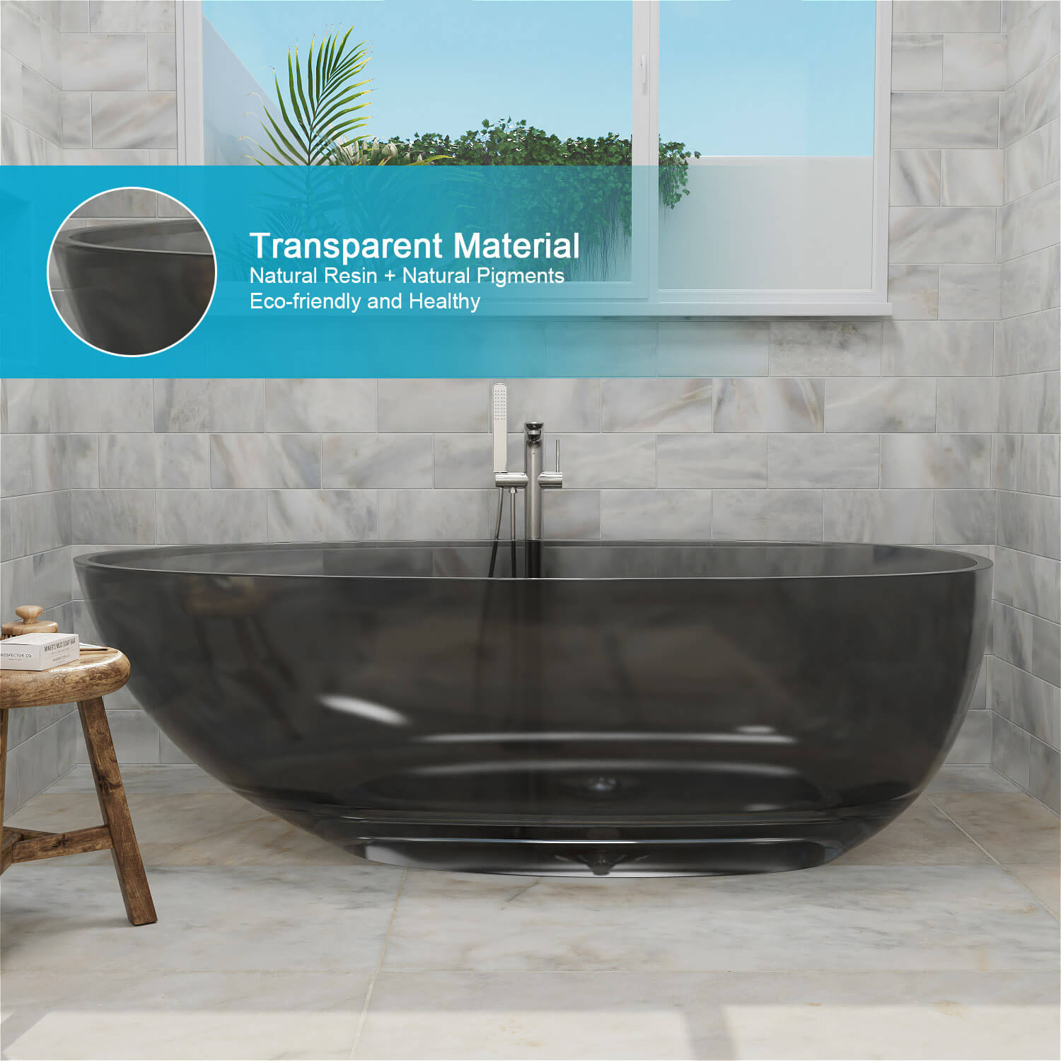 63&quot; Modern Art Resin Tub, Gray Transparent Egg Shape Freestanding Soaking Bathtub for Hotels