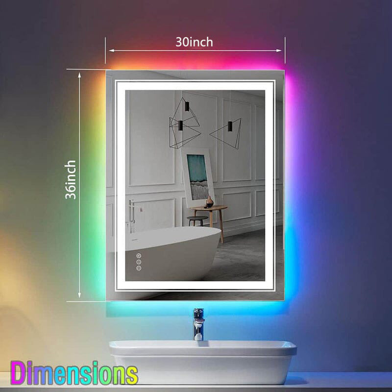 36“/48” RGB LED Light Bathroom Vanity Mirror Rectangular Frameless Anti Fog
