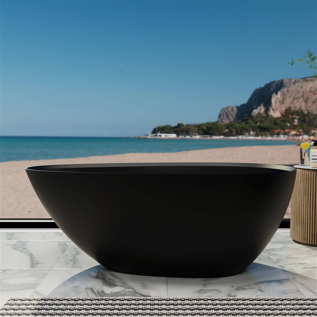 Matte Black 55&quot; Small Egg-Shaped Freestanding Soaking Tub, Stone Resin Material, Sleek Design