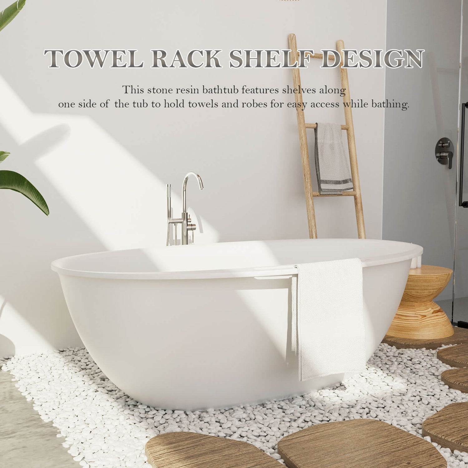 47&quot; Single Slipper Freestanding Japanese Soaking Bathtub Solid Surface Stone Resin Tub with Built-in Seat