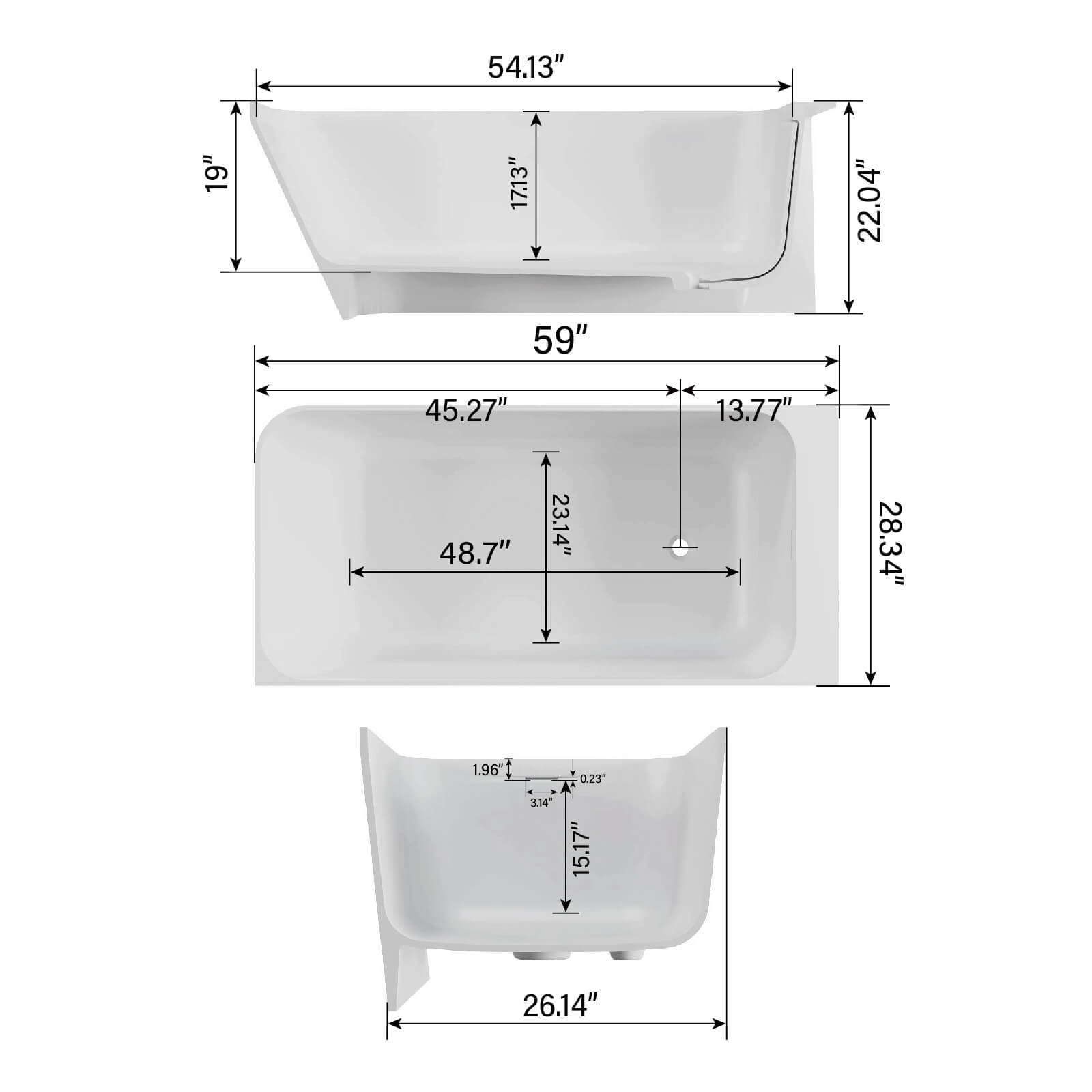 59" Corner Solid Surface Bathtub Two Sided Wall Fit