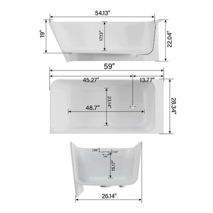 59" Corner Solid Surface Bathtub Two Sided Wall Fit