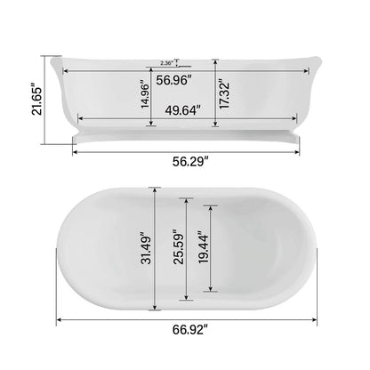 67" Matte White French Vintage Freestanding Pedestal Tub in Solid Surface