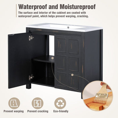 Vintage-inspired bathroom vanity with weathered texture and ample interior storage