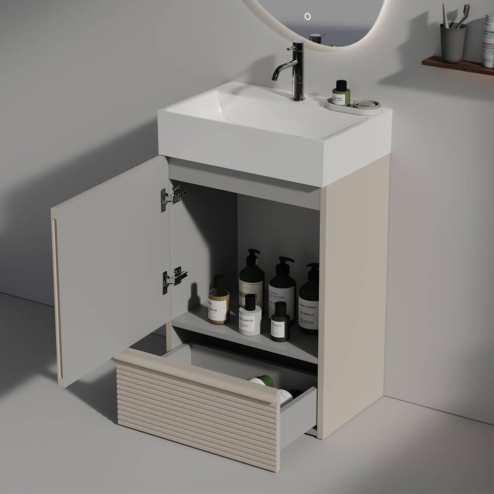 20 inch compact freestanding gray bathroom vanity with fluted texture