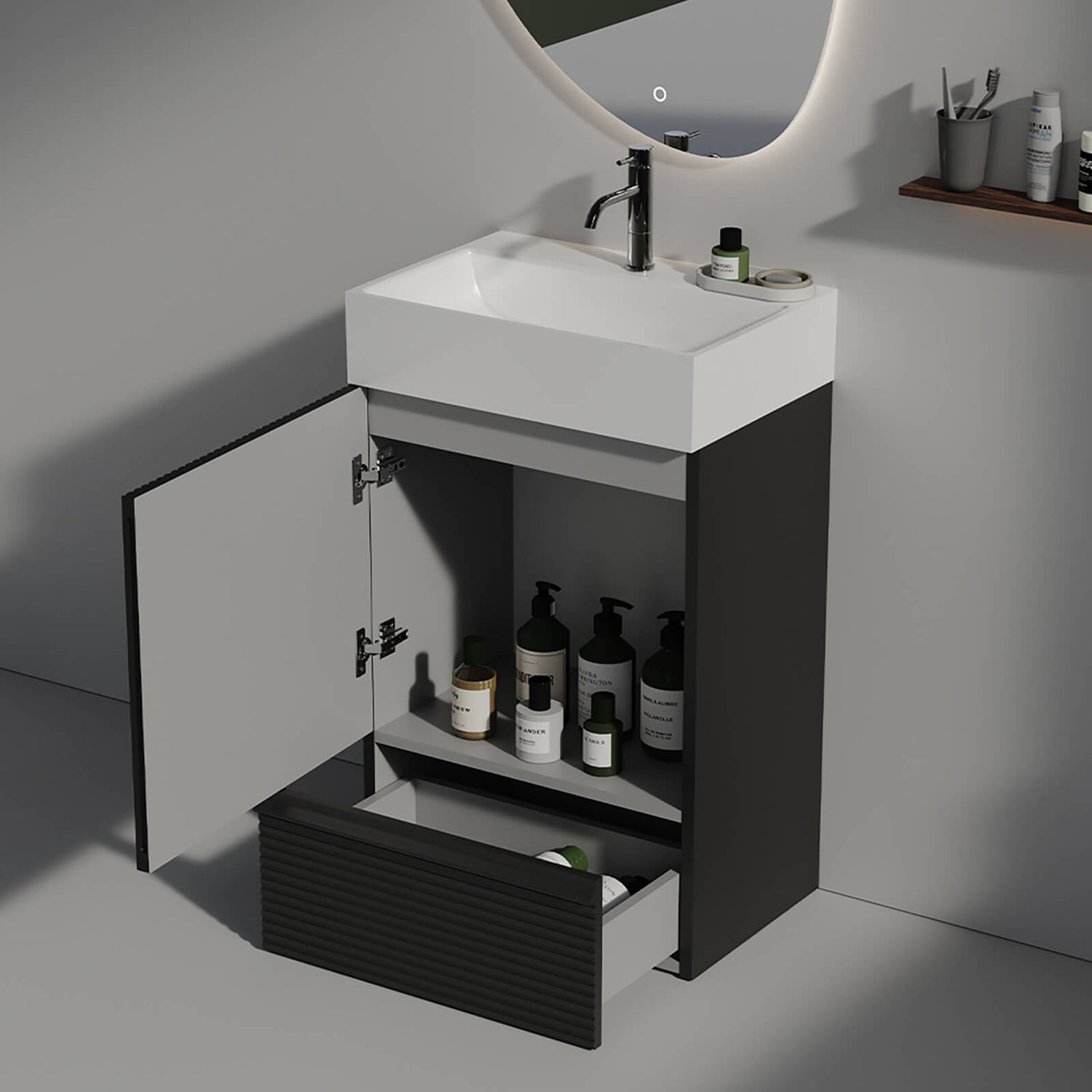 20 inch freestanding black bathroom vanity with fluted design