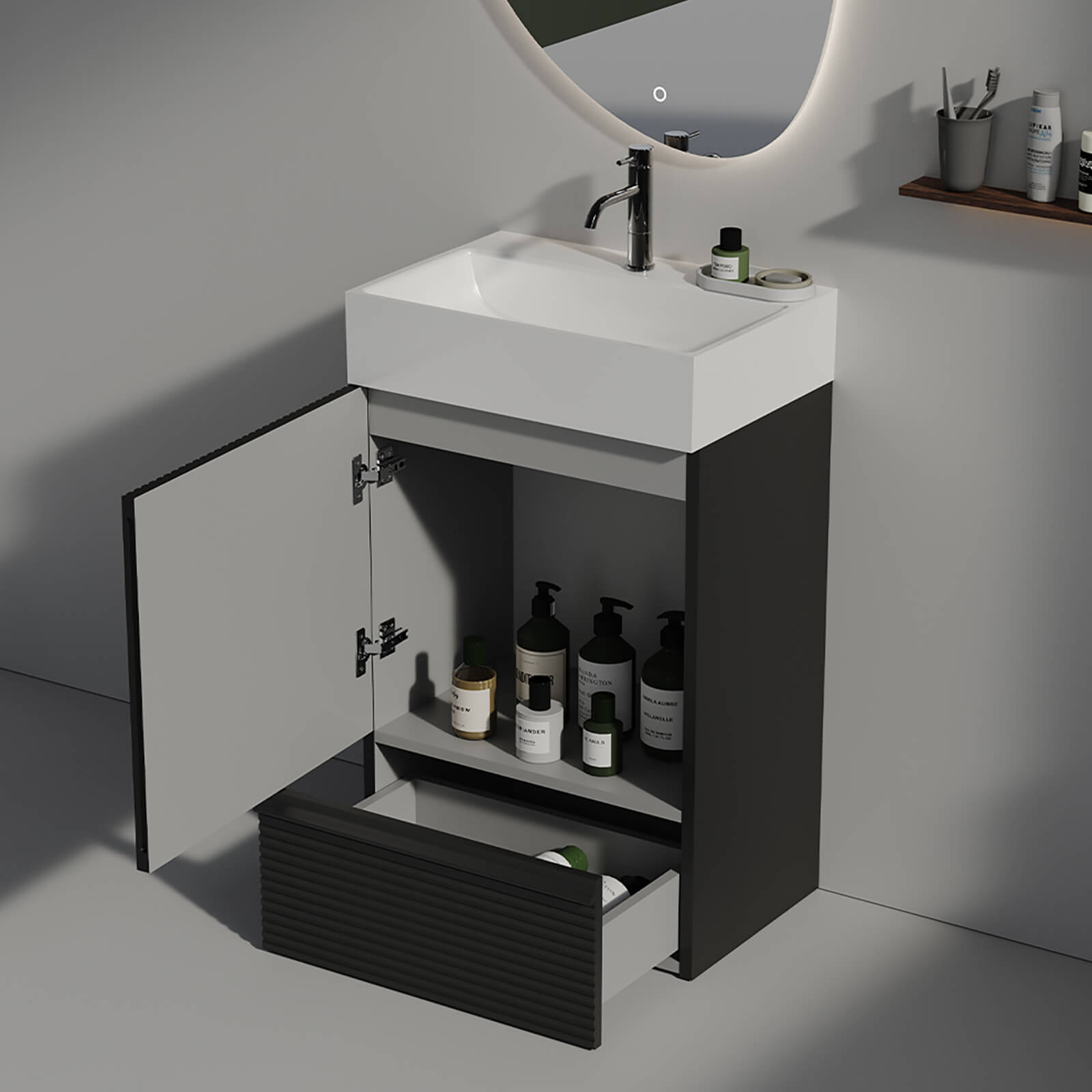 20 inch freestanding black bathroom vanity with fluted design