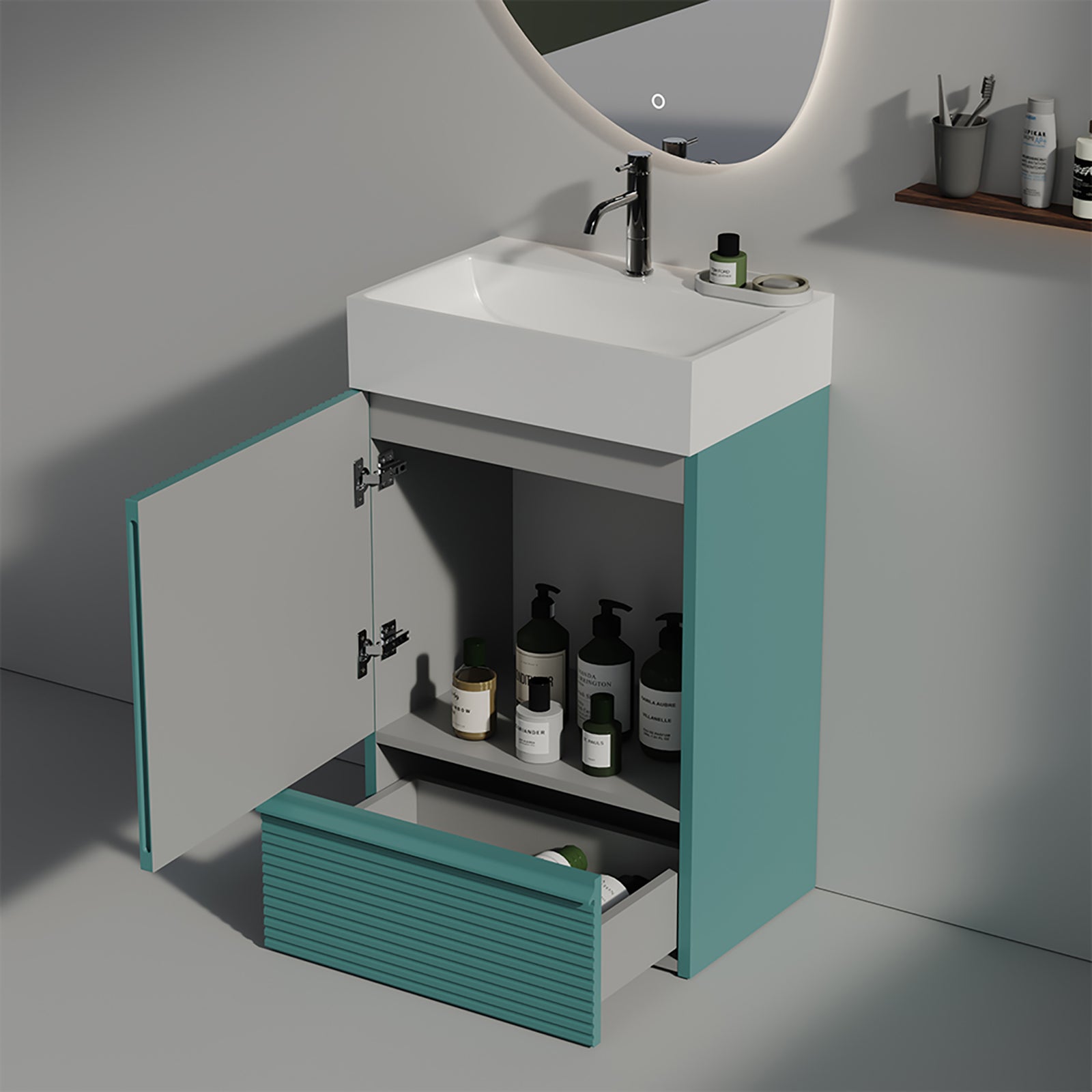 20 inch freestanding green bathroom vanity with fluted design