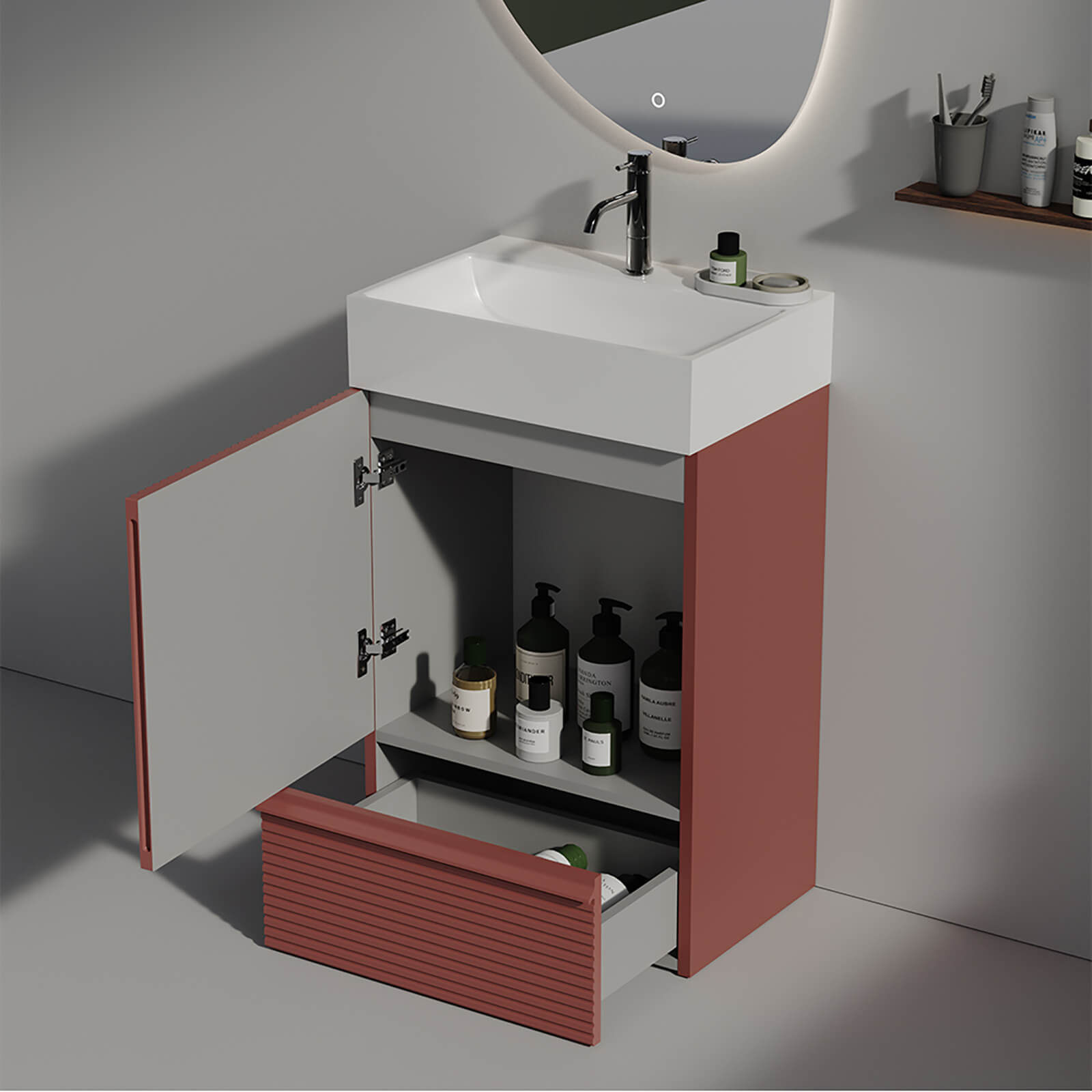20 inch freestanding red fluted bathroom vanity for compact spaces