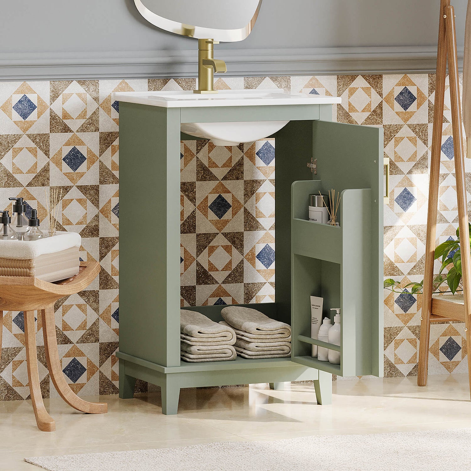 20-inch sage green single-door bathroom vanity with integrated sink
