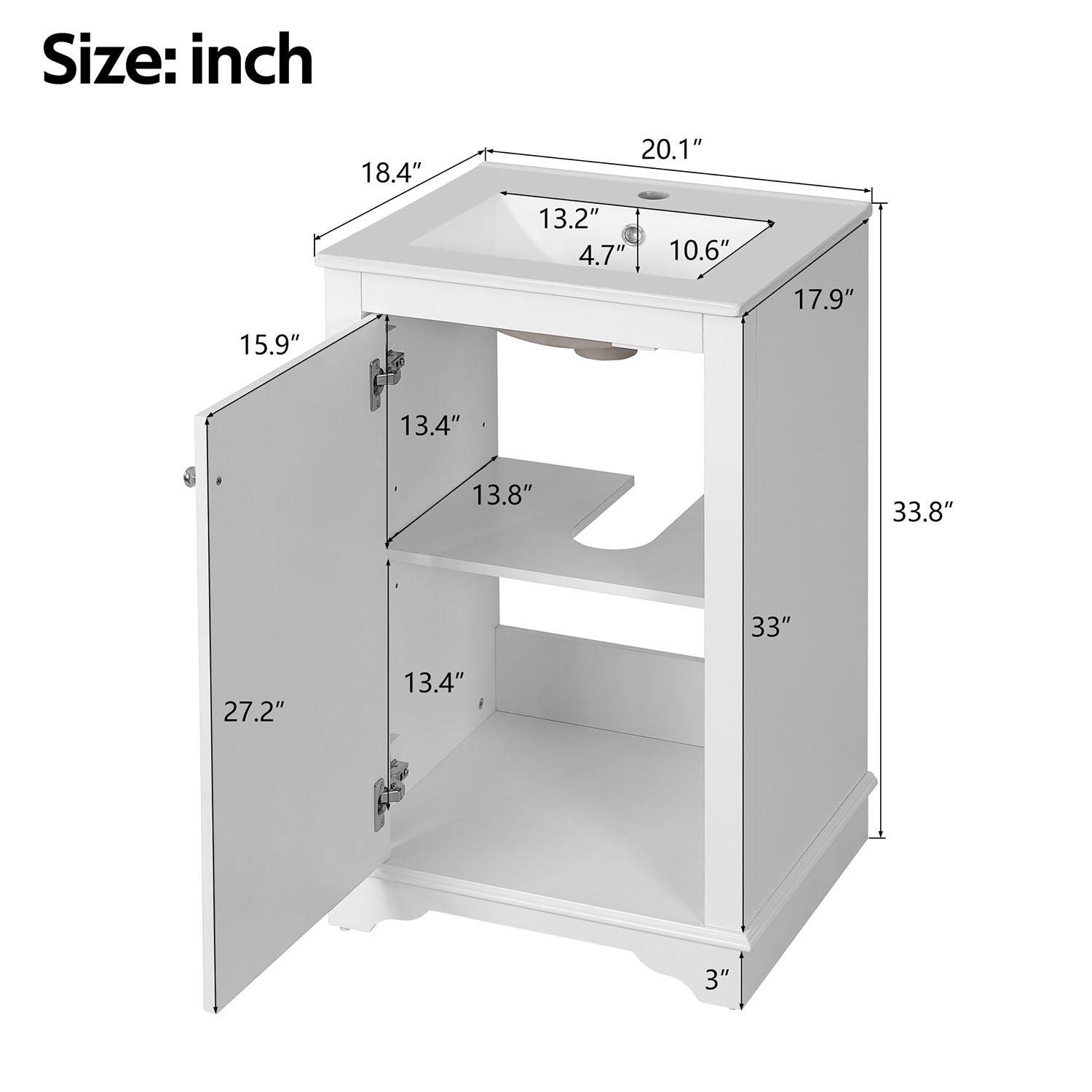 20-inch white freestanding bathroom vanity dimensions