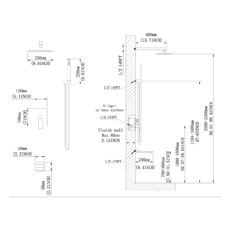 3-Spray Patterns Shower System 10 Inch Square Bathroom Luxury Rain Mixer Shower Combo Set