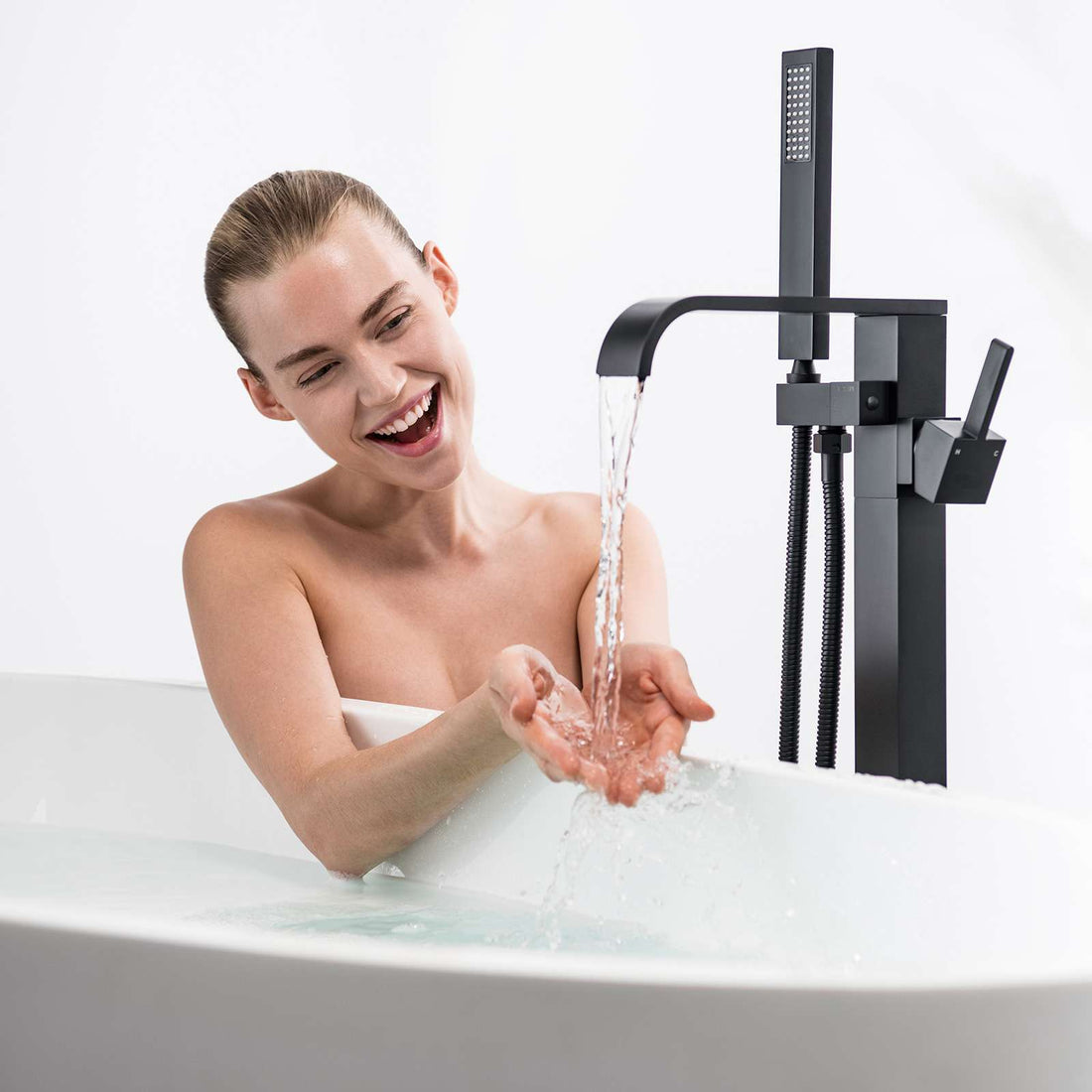 31" Matte Black Floor Mount Roman Retro Quadrangle Tub Filler Faucet