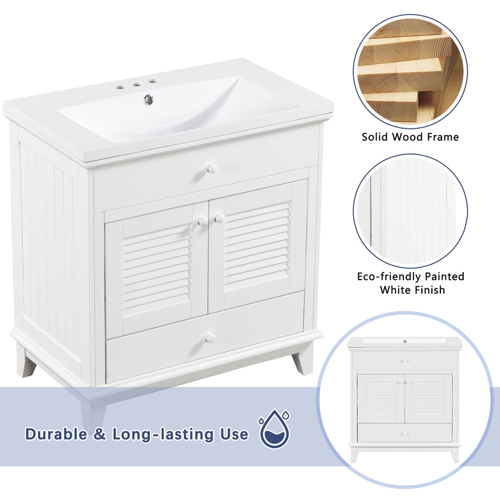 Durable white wooden bathroom cabinet without sink