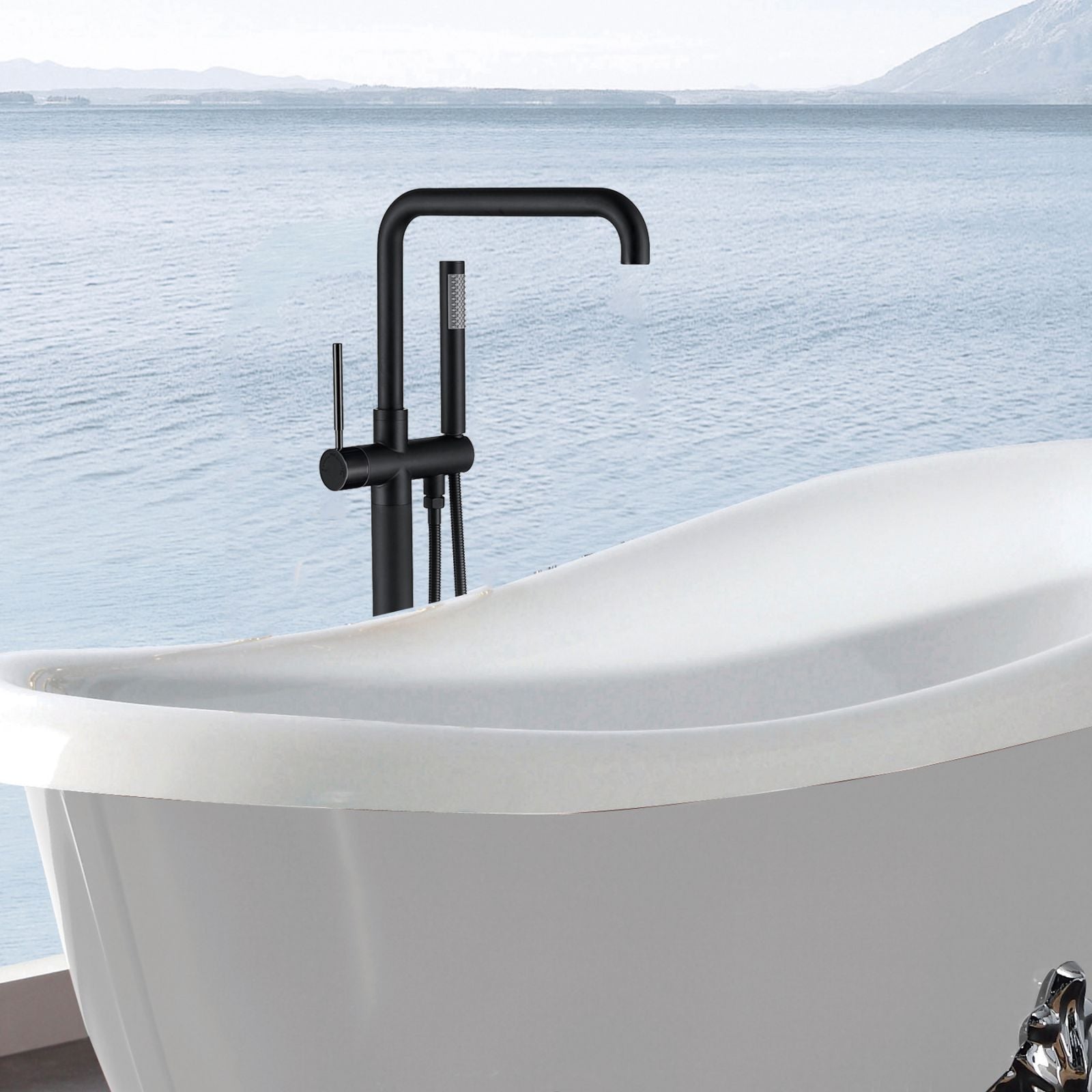 30&quot; Handheld Shower Black Freestanding Tub Filler Faucet