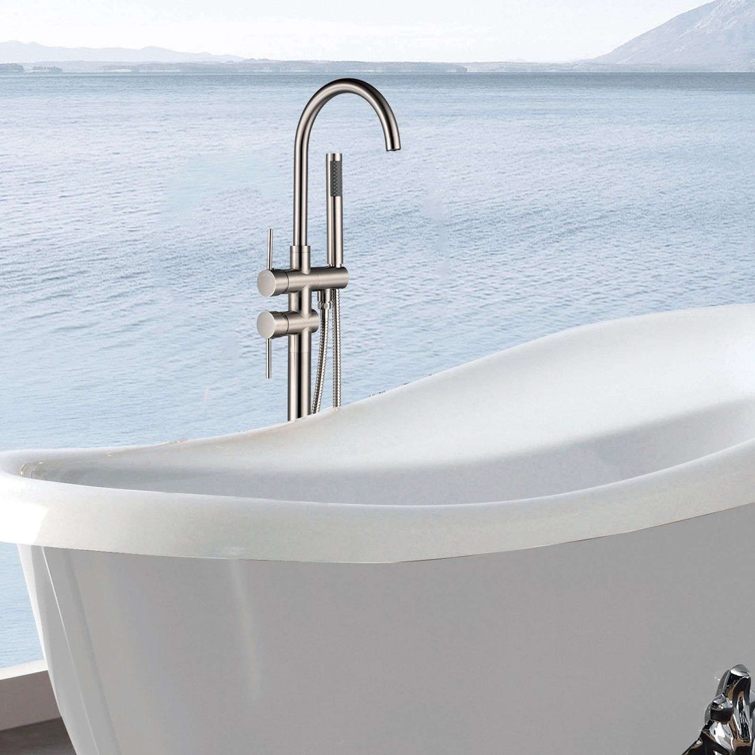 Brushed Nickel Floor Mount Bathtub Freestanding Tub Filler Faucet