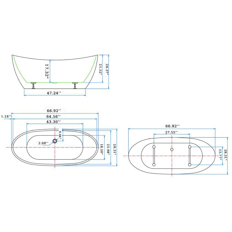 67&quot; Acrylic Slipper Flatbottom Freestanding Soaking Bathtub